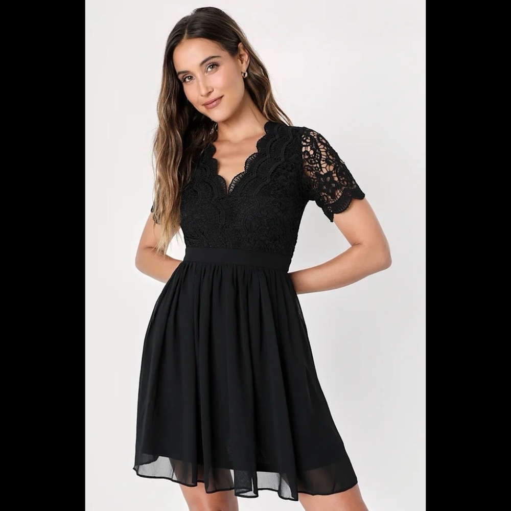 NWT LULUS Angel in Disguise Black Lace Skater Dress